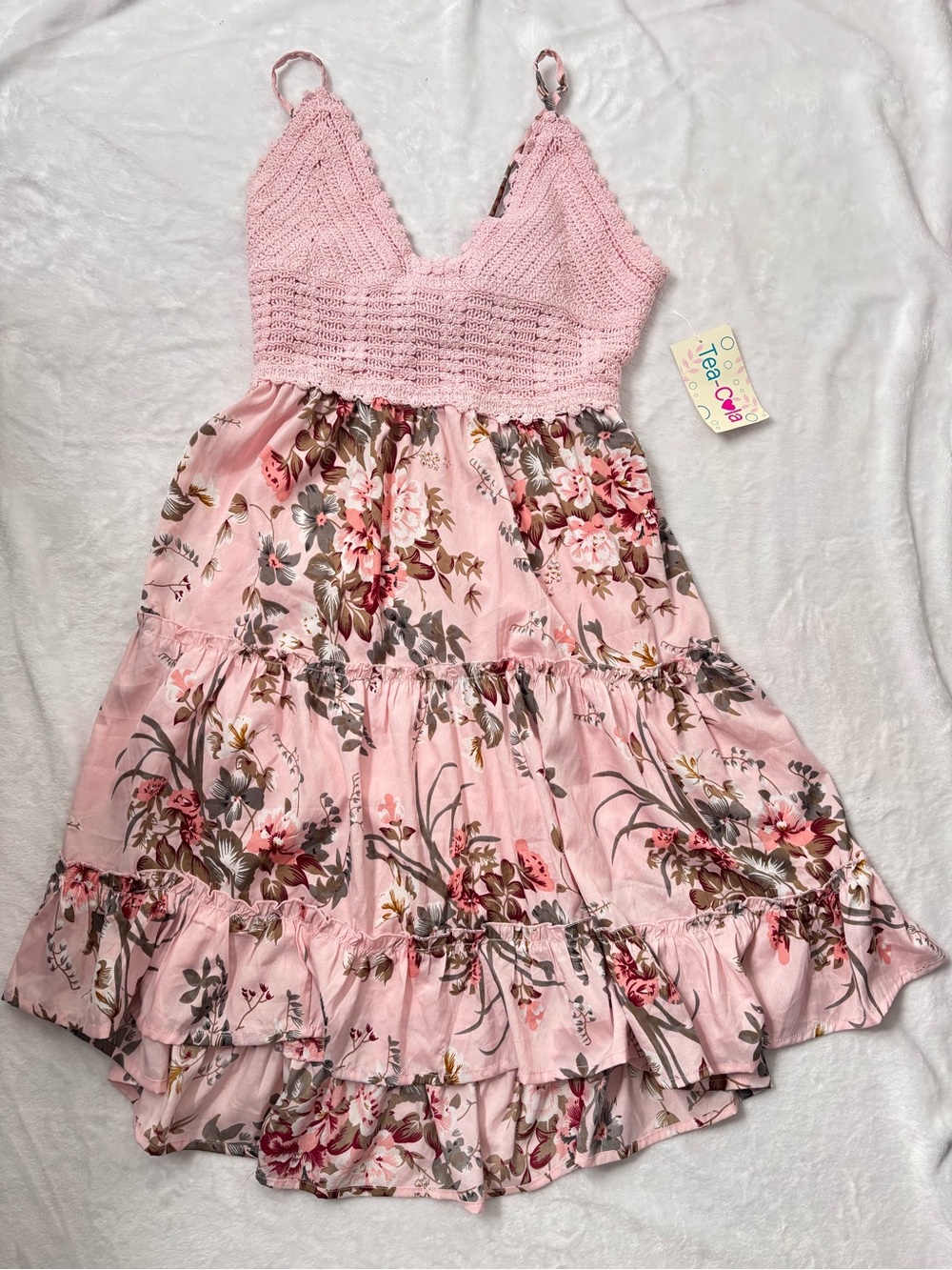 Tea Collection Pink Floral Crochet Bodice Tiered Dress